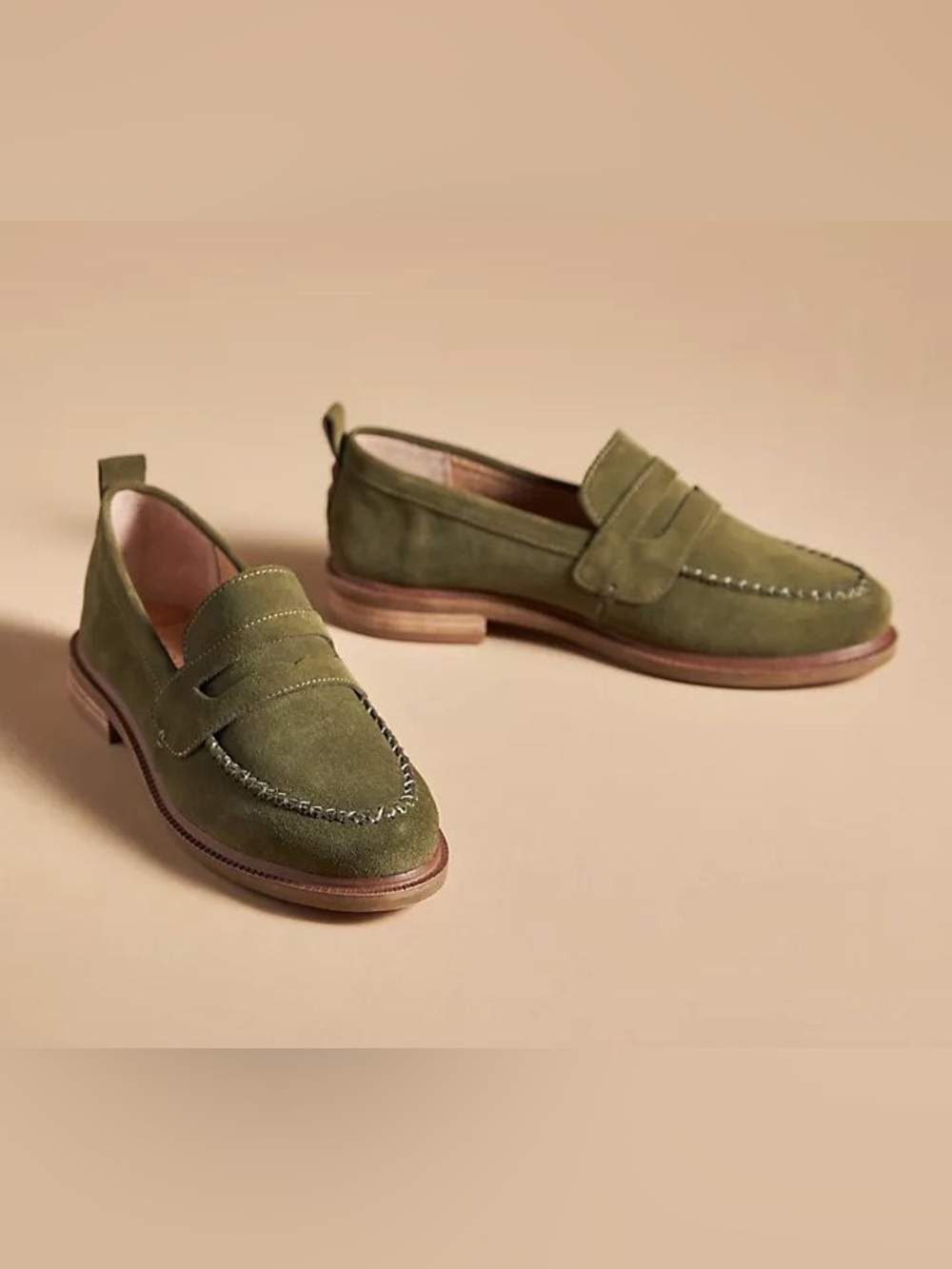 Kelsi Dagger Brooklyn Olive Suede Penny Loafers size 9 Preppy Minimalist Classic